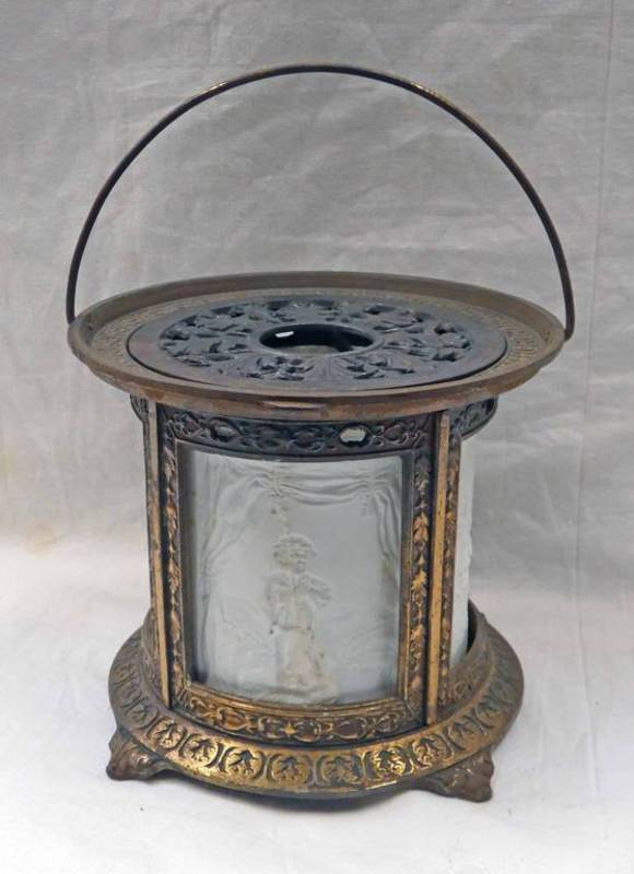 19TH CENTURY LITHOPHANE LAMP WITH CURVED PANELS & SWING HANDLE - 13CM TALL Condition