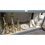 3 PAIRS 19TH CENTURY BRASS CANDLESTICKS, PORCELAIN WALL CLOCK ,