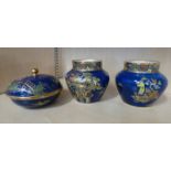 PAIR OF CARLTON WARE CHINOISERIE PATTERN LUSTRE VASES - 10CM TALL AND LIDDED BOWL