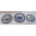 PAIR OF LARGE DELFT POTTERY BLUE AND WHITE WALL PLAQUES - 39 CM DIAMETER AND ONE OTHER