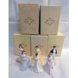 6 SMALL COALPORT PORCELAIN FIGURES AND BOXES OVER ONE SHELF