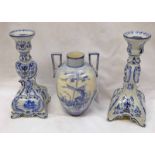 PAIR OF DEFLT STYLE POTTERY CANDLESTICK AND A DELPH BLUE AND WHITE 2 - HANDLED VASE