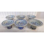 6 18TH CENTURY CHINESE BLUE & WHITE POTTERY STEM DISHES DECORATED WITH LOTUS FLOWERS - 10CM