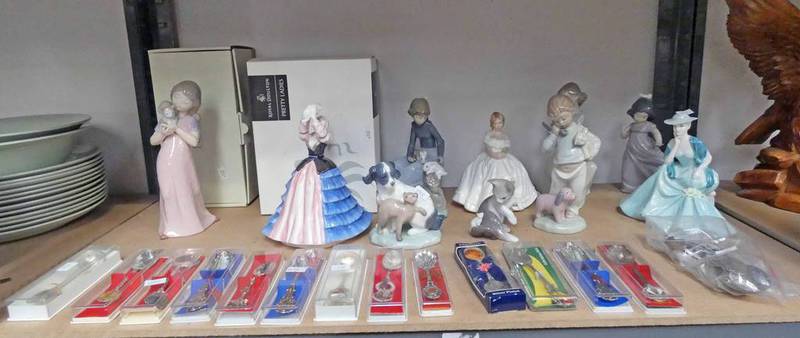 COALPORT DOULTON NAO AND LLADRO FIGURES AND VARIOUS CRESTED SPOONS ON ONE SHELF