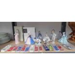 COALPORT DOULTON NAO AND LLADRO FIGURES AND VARIOUS CRESTED SPOONS ON ONE SHELF