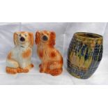 19TH CENTURY SEATON POTTERY MEAL JAR AND PAIR 19TH CENTURY BROWN AND WHITE POTTERY DOGS