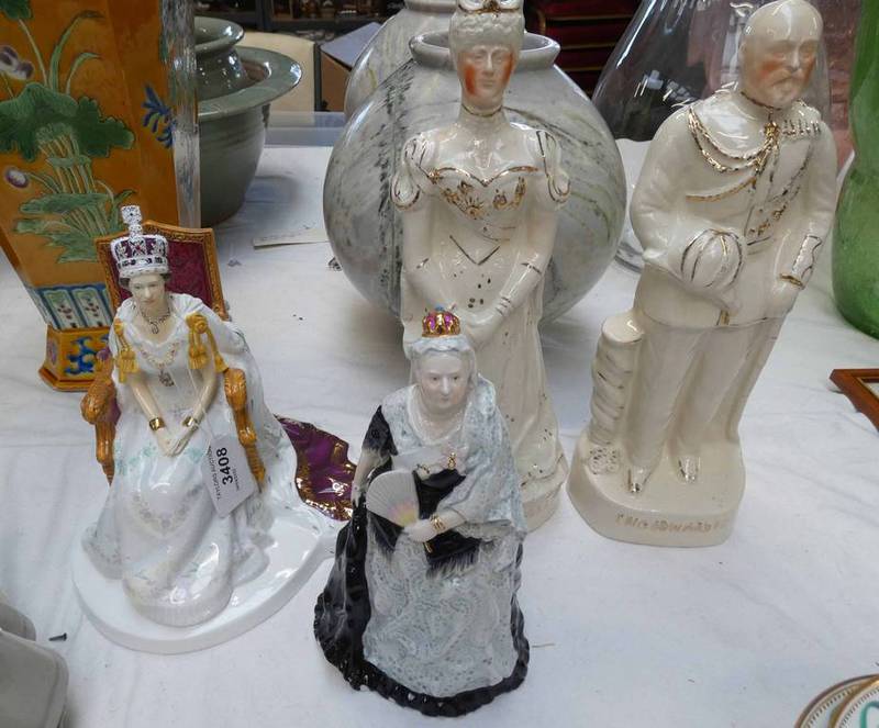 ROYAL DOULTON DIAMOND JUBILEE FIGURES OF THE QUEEN AND COALPORT FIGURE OF QUEEN VICTORIA AND