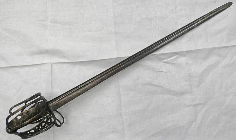 MID 18TH CENTURY SCOTTISH BASKET HILTED BACKSWORD THE DOUBLE FULLERED BLADE INSCRIBED ANDREA FERARA,