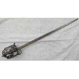 MID 18TH CENTURY SCOTTISH BASKET HILTED BACK SWORD WITH HEAVY WROUGHT IRON BASKET ON SINGLE EDGED