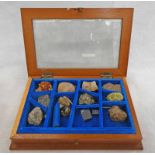 GLAZED CASE CONTAINING SEVERAL MINERAL SPECIMENS TO INCLUDE PARAHOPEITE, GALENA,