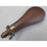 BROWN LEATHER COVERED POWDER FLASK BY SYKES Condition Report: Spring to nozzle