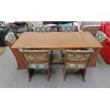 EARLY 20TH CENTURY ART AND CRAFTS STYLE OAK EXTENDING DINING TABLE AND SET OF OAK DINING CHAIRS.