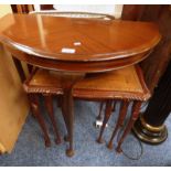 NEST OF 3 MAHOGANY TABLES WITH LEATHER INSET TOPS ON QUEEN ANNE SUPPORTS & MAHOGANY HALFMOON TABLE