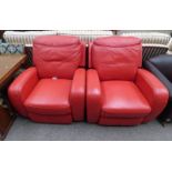 PAIR OF RED LEATHER RECLINING ARMCHAIRS MARKED BARKER & STONEHOUSE LTD TO BASE