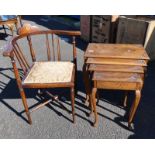 NEST OF 4 MAHOGANY TABLES WITH CARVED DECORATION ON SHAPED SUPPORTS AND INLAID MAHOGANY CORNER