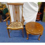 LATE 19TH CENTURY INLAID MAHOGANY OPEN ARMCHAIR AND CIRCULAR WALNUT COFFEE TABLE ON BALL AND CLAW