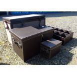 FABRIC BOX WITH FAUX LEATHER FIXTURES, 3 BOXES OF VARIOUS SIZES,