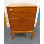 TEAK MUSIC CHEST OF 5 DRAWERS ON QUEEN ANNE SUPPORTS,