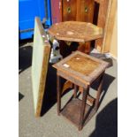 INLAID OAK OCTAGONAL GAMES TABLE ON PEDESTAL WITH 3 SPREADING SUPPORTS, CARVED PLANT STAND,