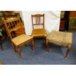 OAK FRAMED STOOL ON QUEEN ANNE SUPPORTS, MAHOGANY HAND CHAIR ON TURNED SUPPORTS,