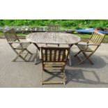 HARDWOOD FOLDING GARDEN TABLE & 4 HARDWOOD FOLDING GARDEN ARMCHAIRS,