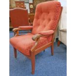 OAK FRAMED BUTTON BACK ARMCHAIR ON SQUARE SUPPORTS