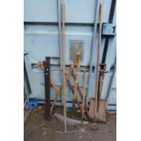 SELECTION OF GARDEN TOOLS TO INCLUDE LOPPERS, HOW, SCYTHE ETC MARKED A .R.a.S.