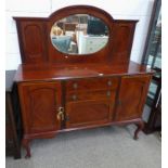 MAHOGANY MIRROR BACK SIDEBOARD OF 2 CENTRAL DRAWERS OVER PANEL DOOR FLANKED BY 2 PANEL DOORS ON