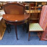 MAHOGANY HALF MOON TABLE AND OAK HAND CHAIR ON SQUARE SUPPORTS LENGTH 75 CM