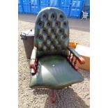 MAHOGANY FRAMED GREEN LEATHER BUTTON BACK SWIVEL OFFICE CHAIR