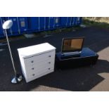 WHITE CHEST OF 3 DRAWERS, GLASS TOPPED MEDIA UNIT WITH FALL FRONT MODELLED AFTER SPEAKER,