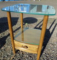 ERCOL ELM LAMP TABLE WITH GLASS TOP, SHELF & SINGLE DRAWER IN BASE,