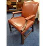 MAHOGANY FRAMED LEATHER OPEN ARMCHAIR ON SQUARE SUPPORTS