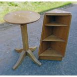 OAK CIRCULAR PEDESTAL TABLE AND CORNER BOOKCASE