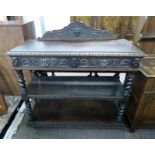 19TH CENTURY CARVED OAK 3-TIER BUFFET WITH 2 DRAWERS WITH DECORATIVE MASK CARVING ON BARLEY TWIST