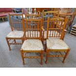 SET OF 5 OAK KITCHEN CHAIRS WITH TURNED DECORATION & RUSH SEATS ON QUEEN ANNE SUPPORTS INCLUDING 1