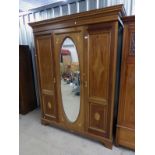 LATE 19TH/EARLY 20TH CENTURY INLAID MAHOGANY WARDROBE WITH 2 MIRROR PANEL DOORS & PANEL DOOR WITH