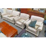 SUITE OF 3 OVERSTUFFED CREAM STRIPED CHAIRS TO INCLUDE 2 ARMCHAIRS AND 2 SEATER SETTEE