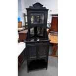 LATE 19TH CENTURY MAHOGANY CORNER CABINET WITH GLASS PANEL DOOR AND MIRROR BACK OVER 2 GLASS PANEL