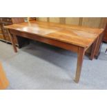 LARGE OAK RECTANGULAR KITCHEN TABLE ON SQUARE SUPPORTS,