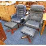 BLUE LEATHER SWIVEL ARMCHAIR WITH MATCHING STOOL AND ONE OTHER ARMCHAIR AND STOOL