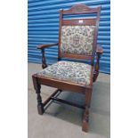 19TH CENTURY STYLE OAK OPEN ARMCHAIR ON TURNED SUPPORTS