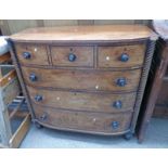 19TH CENTURY INLAID MAHOGANY BOW FRONT CHEST OF 3 SHORT OVER 3 LONG DRAWERS WITH BARLEY TWIST