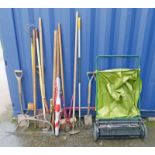 SELECTION OF GARDEN TOOLS TO INCLUDE RAKES, SHOVELS, LOPPERS,