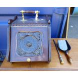 MAHOGANY COAL SCUTTLE WITH DECORATIVE CARVING AND BRASS FIXTURES