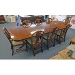 MAHOGANY TWIN PEDESTAL DINING TABLE WITH 2 LEAVES EXTENDED LENGTH 266CM LONG & SET OF 8 DINING