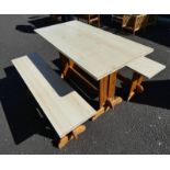 PINE TABLE WITH WOOD EFFECT TOP AND PAIR OF MATCHING BENCHES LENGTH 121 CM