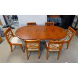 NATHAN YEW WOOD EXTENDING DINING TABLE WITH FOLD OUT LEAF AND 6 MATCHING DINING CHAIRS ON SABRE