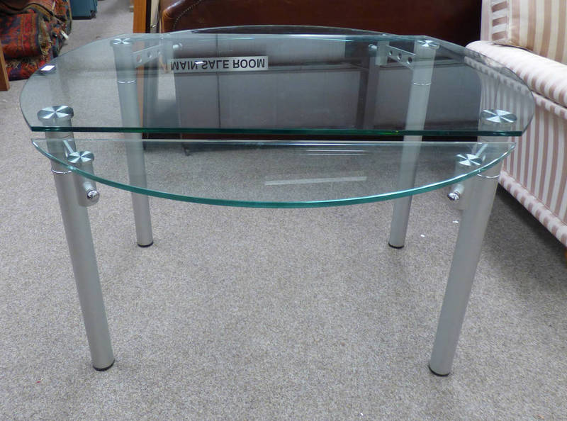 GLASS TOPPED TABLE WITH 2 LEAVES ON METAL SUPPORTS,