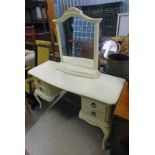 PAINTED DRESSING TABLE WITH MIRROR OVER 4 DRAWERS ON CARVED QUEEN-ANNE SUPPORTS,